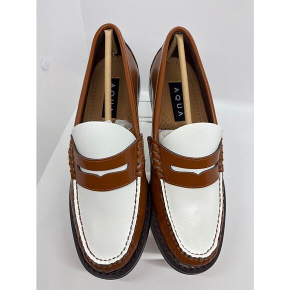 NWB Bloomingdale's Aqua Penny Loafers KENDL Brown White Leather Upper 2-Tone 8 - Picture 1 of 13